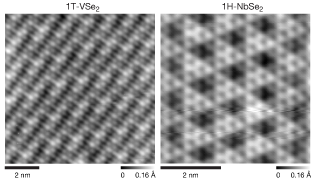 Charge density waves of 1T-VSe2 (√3×2) and 1H-NbSe2 (3×3).