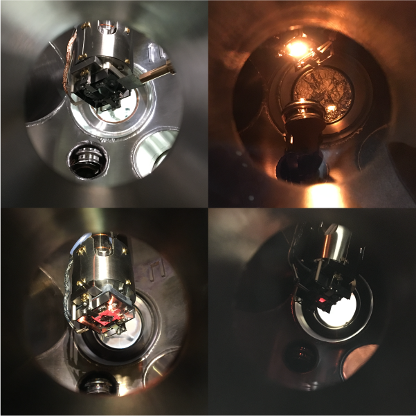 Heating stage/manipulator in working.<br>Upper left: The moment of inserting a sample holder.<br>Upper right: Degasing filament.<br>Lower left: Electron bombardment (EB) heating, HOPG as the sample.<br>Lower right: Direct heating SiC. 