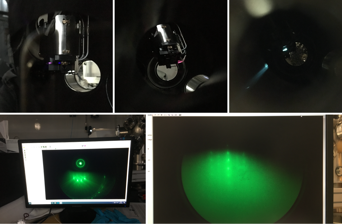 <i> Long is the road and hard to get RHEED patterns.</i> <br> Upper panel: Dumb ways to get the electron spot hit right on sample, by monitoring the electron beam hitting some ceramics of heating stage; blue and violet color shows roughly where the beam is. (rightmost) Finally it hit SiC sample. <br> Lower panel: (left) First RHEED pattern of SiC in the lab. (right) First RHEED pattern of HOPG in the lab.